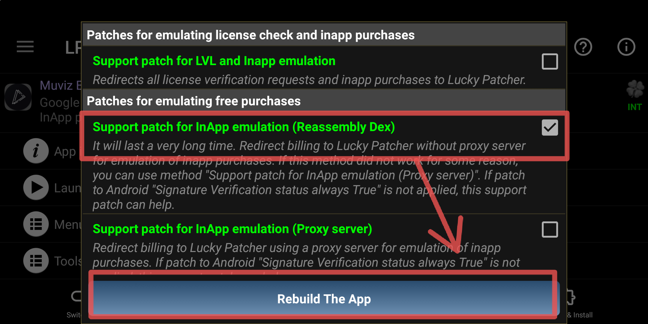 inapp purchase and rebuild option for lucky patcher